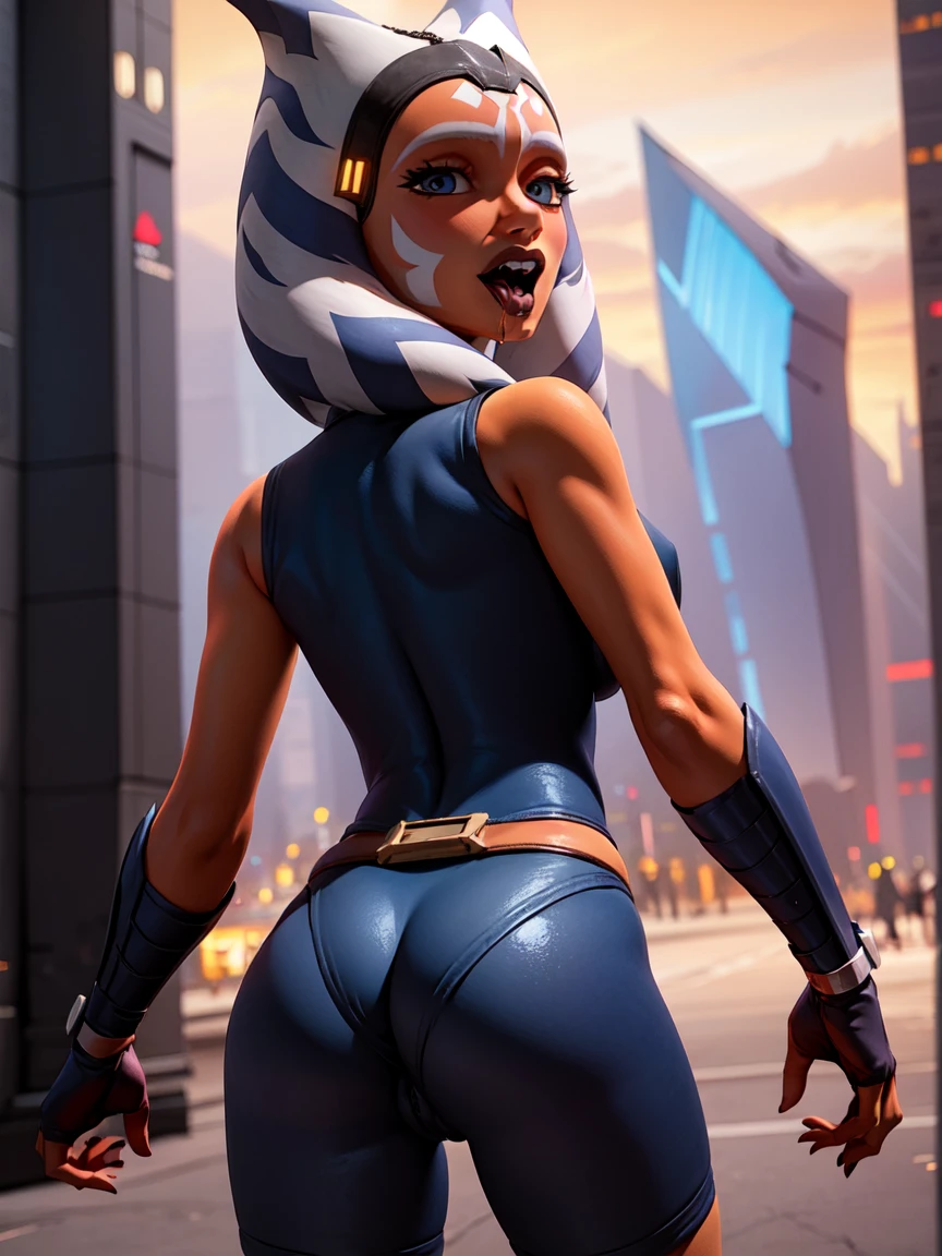(masterpiece, best quality, ultra-detailed), AhsokaTano, (orange skin:1.2), sexy, young, , 13yearold, blue eyes, makeup, small breasts, blue shirt, vambraces, fingerless gloves, hip armor, blue skirt, blue leggings, standing, from behind, looking at viewer, blush, naughty face, :o, big ass, crowded city street