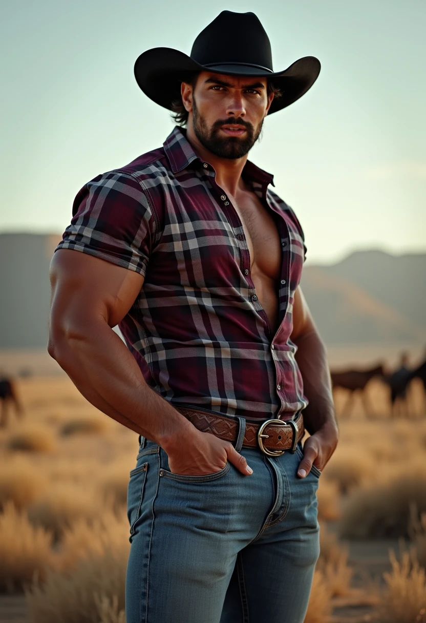 A character portrait [Handsome man, hairy body, Alpha male, huge biceps, defined abs, Cowboys, Jacket, sneakers, sunny mountain road] 4k, high detailed, beautiful, Dark Age,, Very detailed, sharp focus.