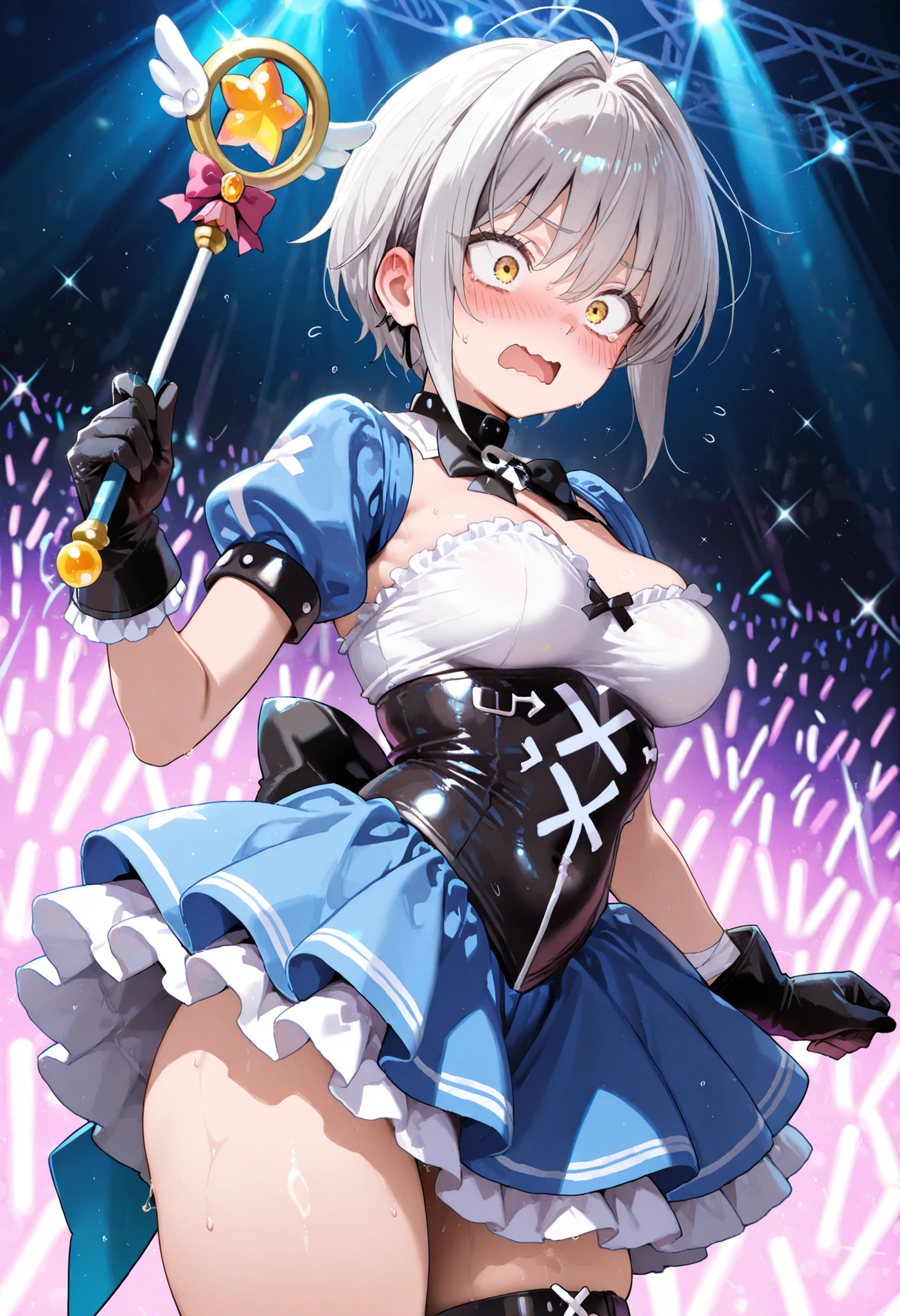 1girl,solo,Mori,gloves,yellow eyes,short hair,gray hair,medium breasts,magical girl,frilled dress,puffy short sleeves,thighs,holding wand,Live show,blush,wide-eyed,wavy mouth, open mouth,masterpiece,best quality,amazing quality,