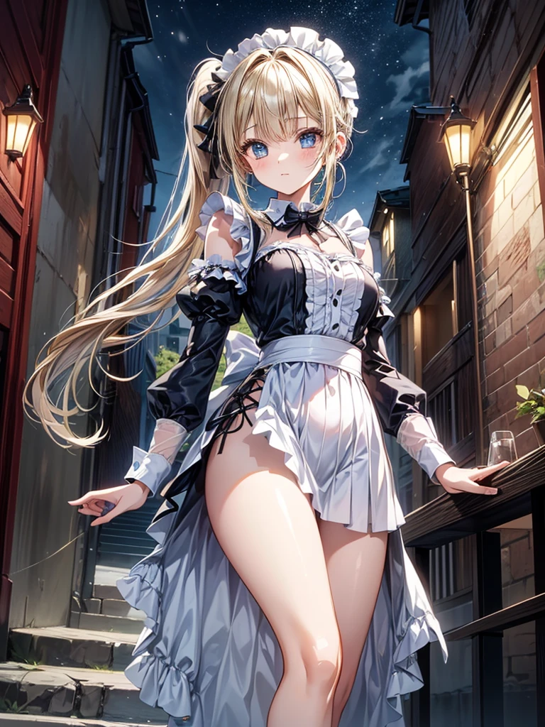 Beautiful illustration、top-quality、cute it girl、(transform sequence)、((blue maid style leotard))、10y old、elementr beautiful girl、Fractal Art、baby-face、((stright long ))、beul detailed eyes、A smile、Full Body Display、Western-style garden、(1 persons)、long-sleeve、landscaped gardens、(knee high socks)、is standing、(highleg)、Fox ears、
