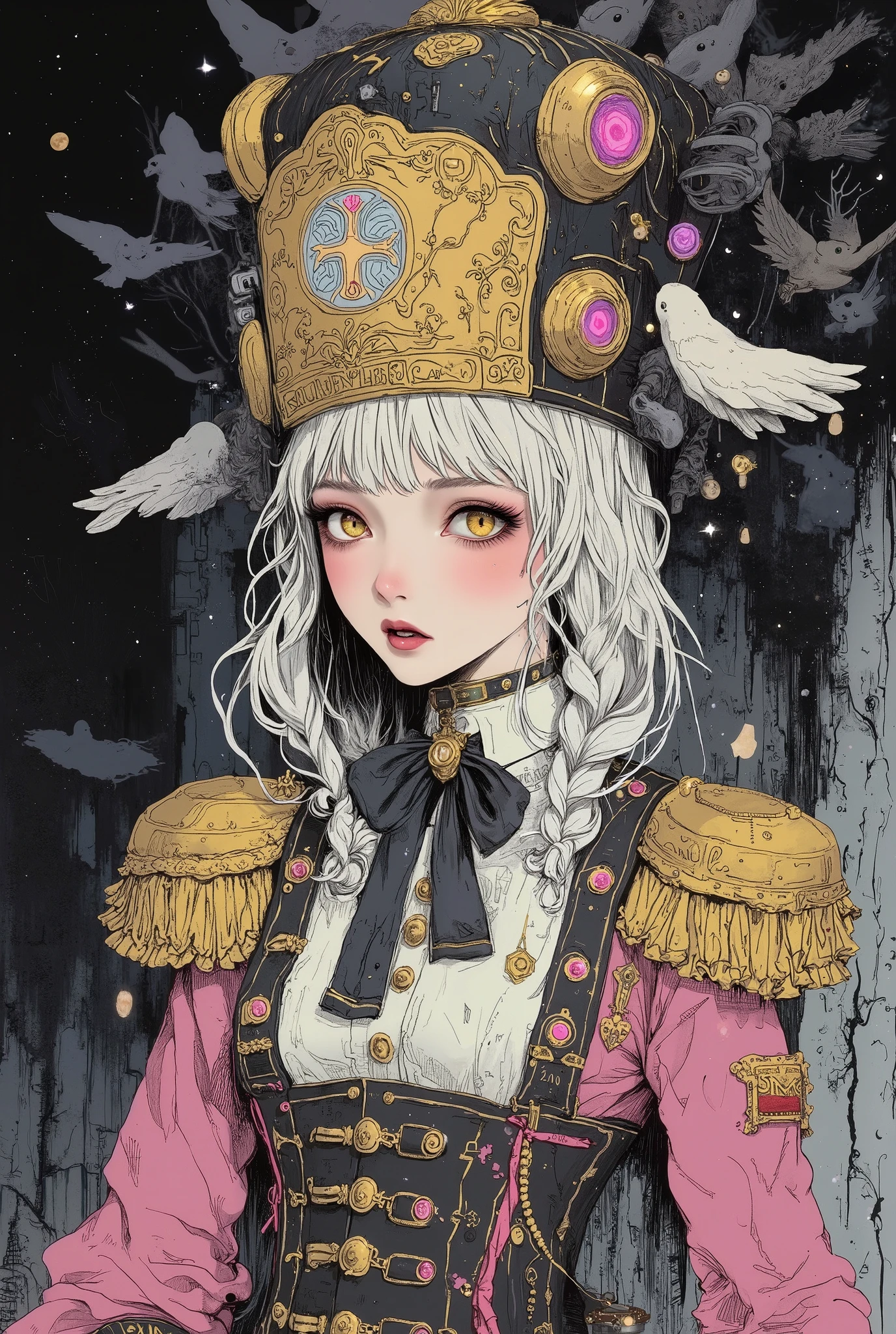 Stylized digital art of a girl student of a magician. In the magical uniform of a sorceress. A dramatic, bright, provocative uniform, combined with luminous braid. On her head is a tall golden, sparkling shako with a magic sign, rich Baroque decor. Her beautiful face is distorted by a mysterious sinister grimace, and her amber transparent eyes hold a great secret of horror and warning. A magnificent figure. She is surrounded by an icy blizzard and ominous shadows. She wears a magical gold steampunk monocle and a pocket watch. There is a slightly blurred tree in the background, and Magical birds are circling in the dark, cold sky.The color scheme: a combination of magical impressive shades, magical radiance and gloomy background. An atmosphere of magic and mystery. Low angle, color, tone, and aerial perspective. An abundance of decorative details. A magical interweaving of styles: Baroque, Art Nouveau and Steampunk. Semi-realistic, highly detailed digital art imitating painting, watercolor, ink, sketch.