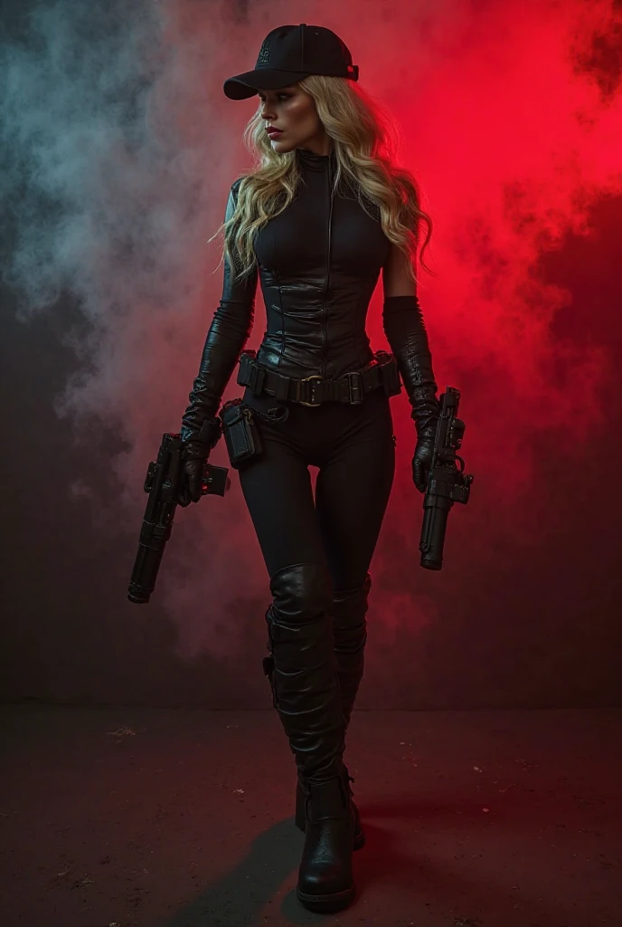 full body, secret agent, bombshell, bomber, secret agent woman, a dilapidated basement, eerie foggy lighting, very long waist-length blonde hair, bright blue eyes, full red lips, white skin, high quality, cinematic, photorealistic, realistic, high definition, extremely intricate details, black and white background
