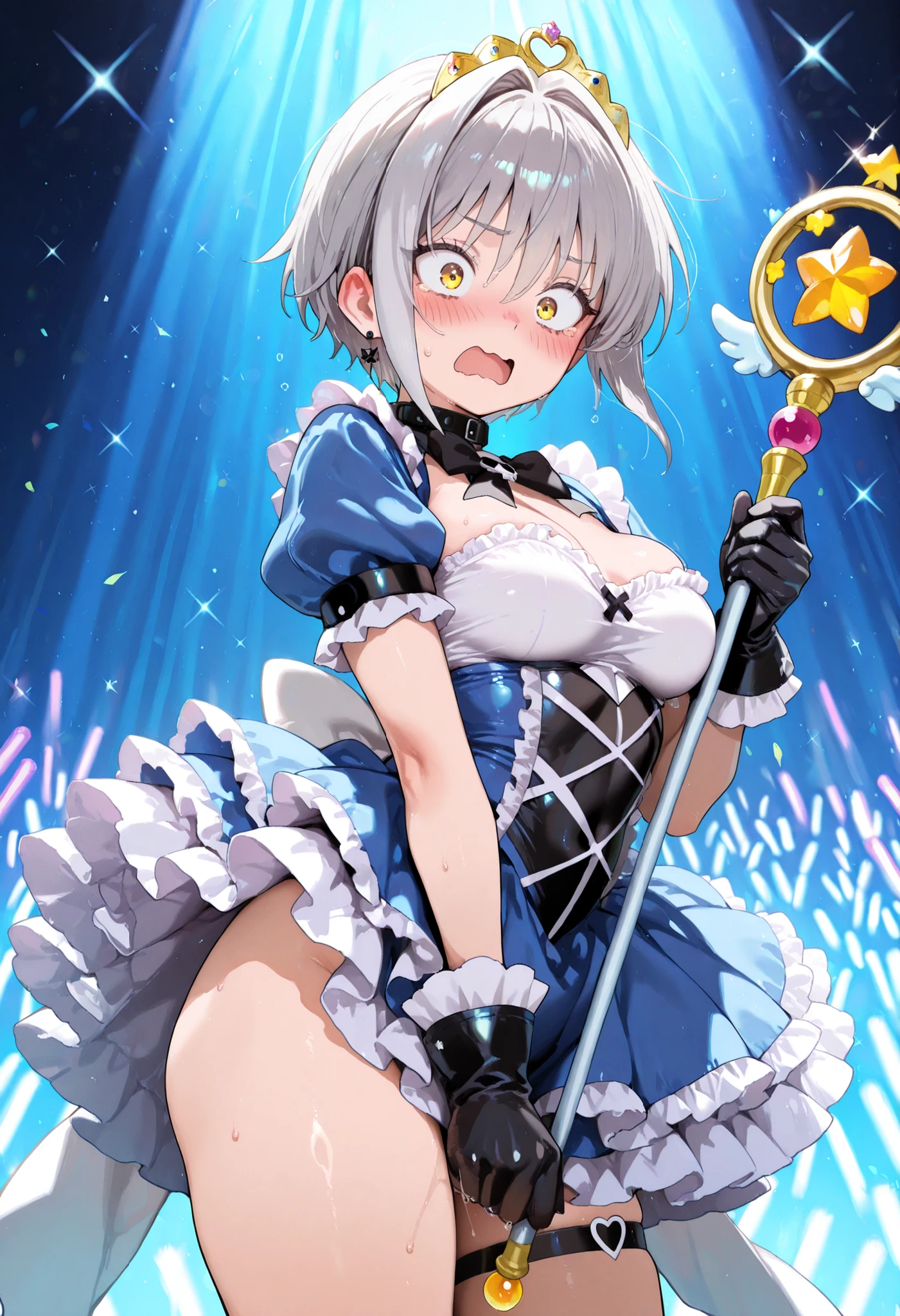NSFW,(super fine illustration,8k cg wallpaper,highest quality,very detailed,ultra high resolution,best aesthetics,anime colored),(cowboy shot,From front),IdolMaster,(((anastasia)), (15yo,beautiful girl,cute girl),(beautiful blue eyes),(beautiful silver hair), (((extra short hair))),((mullet hairstyle)),(wet hair), (wet skin),((((white skin)))),((nude)),(slender),(small breasts), ((pubic silver hair:1.5)),(bsp, pussy juice dripping,pussy, pussy slip,no makeup, sweaty body),(no bra),(no panty), ((spread legs)),(((spread pussy:1.3))),((steam)),(scatter sweat),(embarrassed,smile), open mouths,(((one eye closed))),((tongue out)),deep breathing, feel good,indecency,spread legs, squatting,(Nice touch),((Bukkake, cum on body:1.9),(Bukkake, cum on face:1.9),((Bukkake, cum in hair:1.3),(((Female masturbation:1.3))),(Playing with yourself), put your finger in the Pussy,,(small chest:1.2), (stage,Spotlight:1.5), break((pubic silver hair:1.3)),(bsp, pussy juice dripping,pussy, pussy slip,no makeup, sweaty body),(no bra),(no panty), ((spread legs)),(((spread pussy:1.3))),(sex,cowgirl),,(blue idol dress:1.5),(open clothes),(wet clothes),look at camera,(peace sign:1.5)