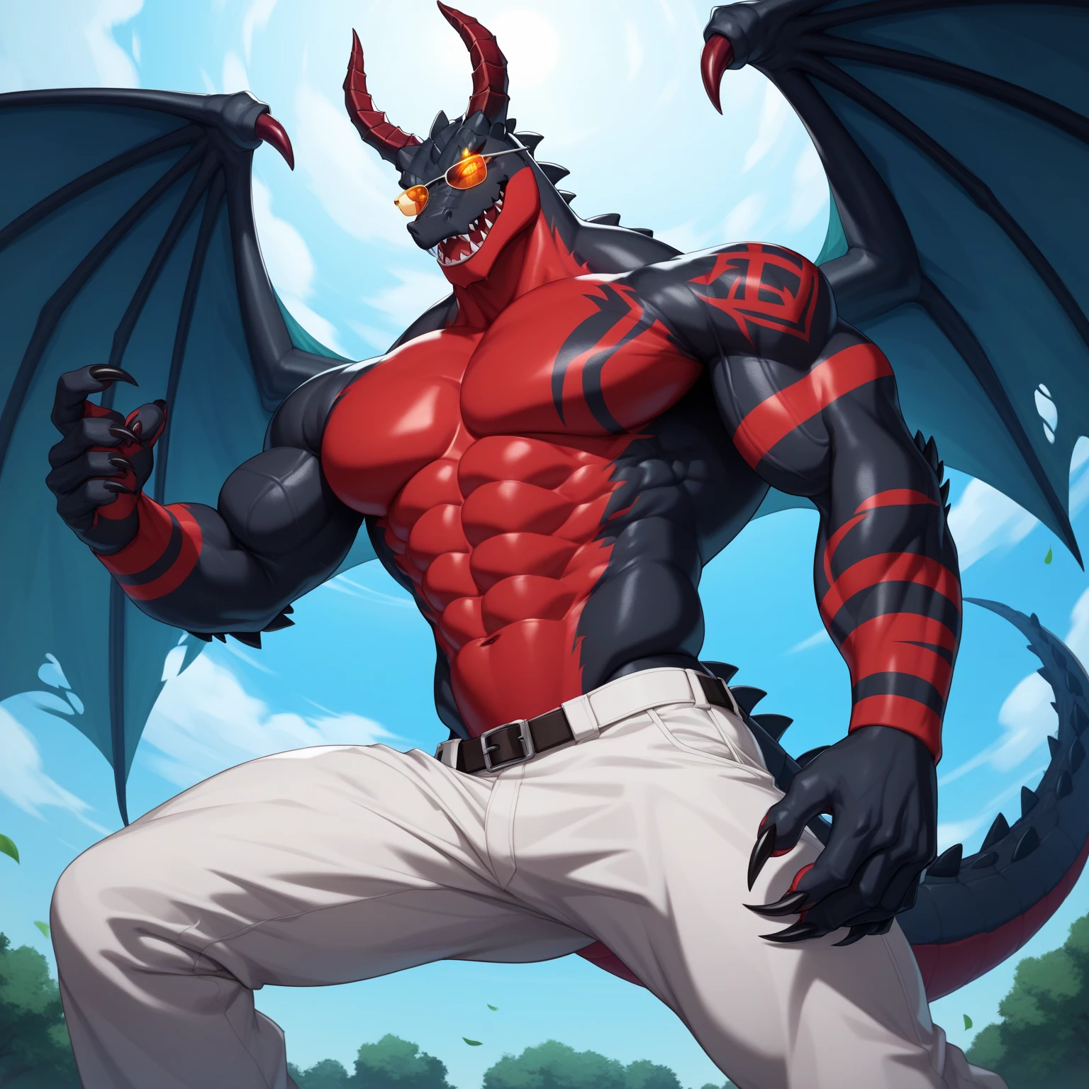 depth of fields, lighting perfect, light particles,(best quality), (masterpiece), (ultra - detailed, Sharp focus, light particles, inij,red fox male, black demonic markings, opposite ageature temperament,demon horns , demon wings, eyes,red-eyed,hairy chest,Animal_Ear_vellus hair,Crossed waist with one hand, rays of sunshine,City,Mysterious smile, two penises, double penis, Naked,