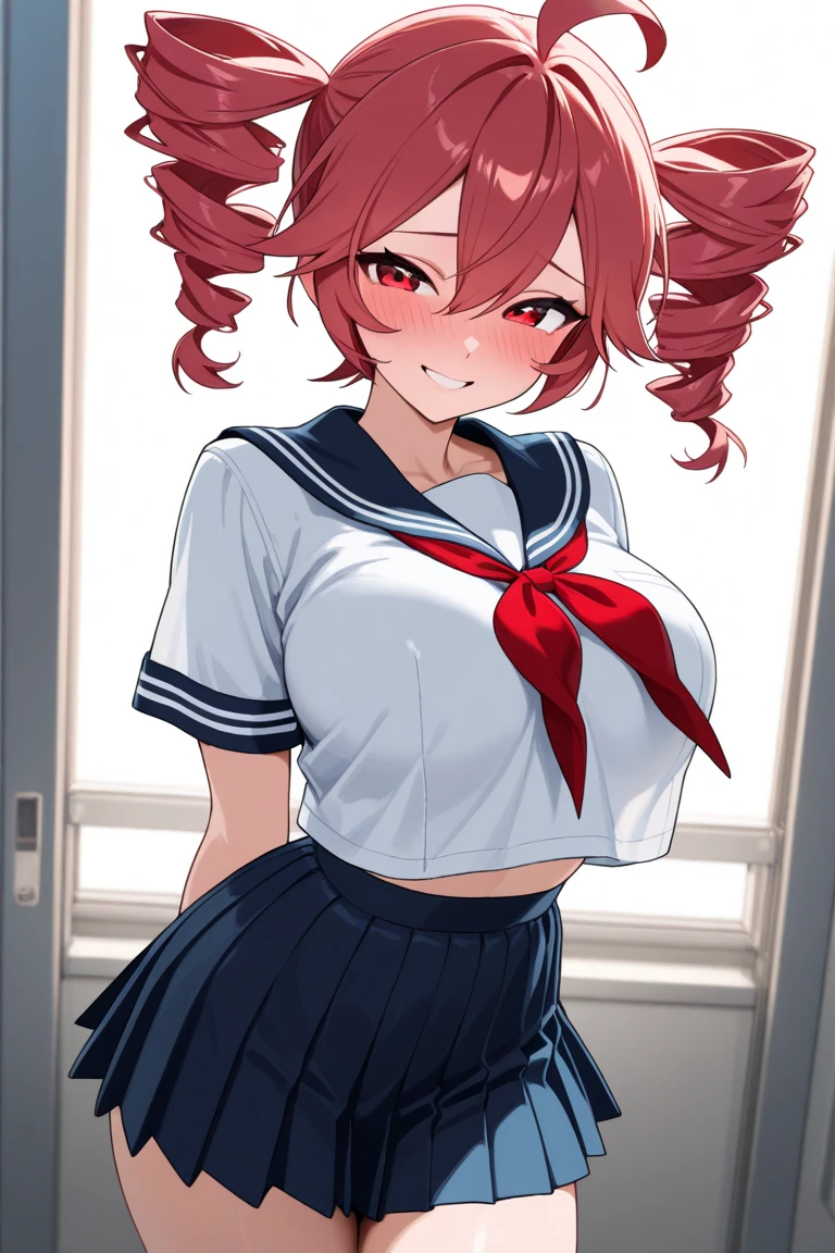 (best quality,4k,8k,highres,masterpiece:1.2), ultra-detailed,takami chika, pink eyes,sailor top, school skirt, navel, standing ,one hand on hip another hand on head,slightly excited and smile, sleeveless, thighs, cowboy shot, hair ornamen ,big breasts ,nipples