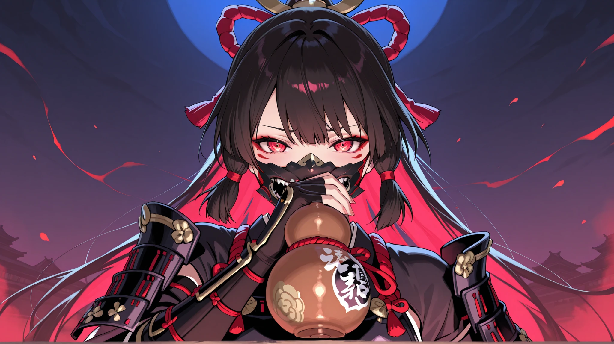 A Japanese woman holding a gourd drinking vessel、Armor、traditional Japanese armor face mask covering the mouth and cheeks with a devil's mouth design、crazy atmosphere、Vivid Colors、masterpiece、Highest Quality、8k