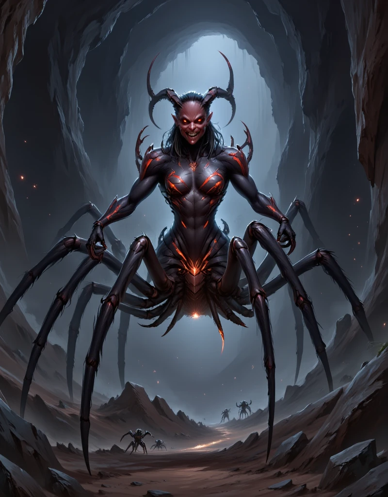 A anime illustration of humanoid spider hybrid creature, Creature upper ...