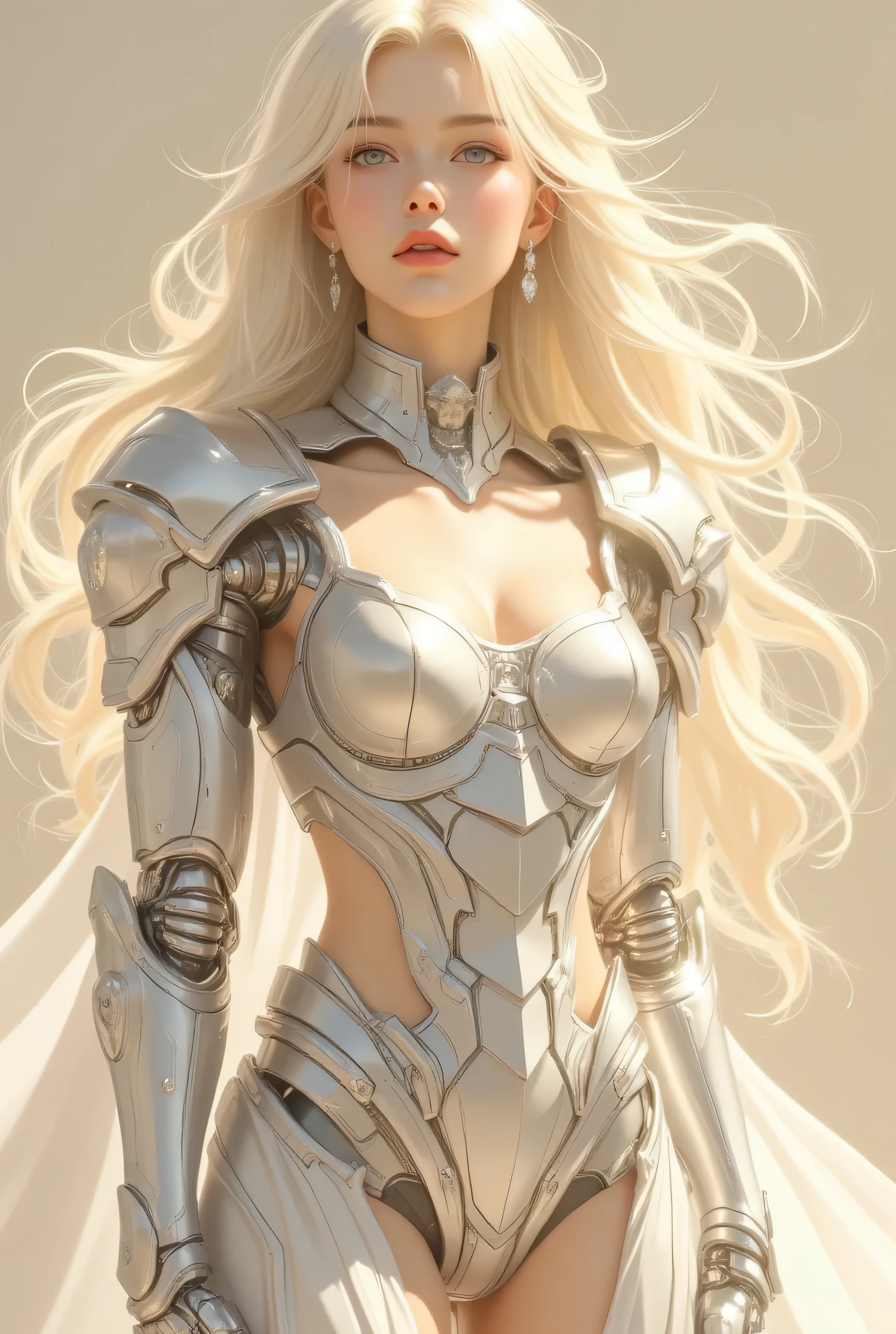  Comic sex art. Score_9, score_8_up, score_7_up, ((highest quality)), ((masterpiece)), (be familiar with), Perfect Face, (High definition), (Best Shadow), 8k, cinematic, (Realistic:1.4),dramatic. A futuristic warrior with long flowing blonde hair, adorned in sleek metallic armor and intricate cybernetic components, stands confidently against a soft, warm backdrop. Her armor consists of gleaming silver pieces paired with flowing white fabric, showcasing a blend of strength and elegance. Small hoop earrings complement her ensemble, and the light casts gentle shadows across her toned figure, highlighting the detailed craftsmanship of her robotic arm. The scene exudes a powerful and ethereal atmosphere, enhanced by the soft, diffused lighting.