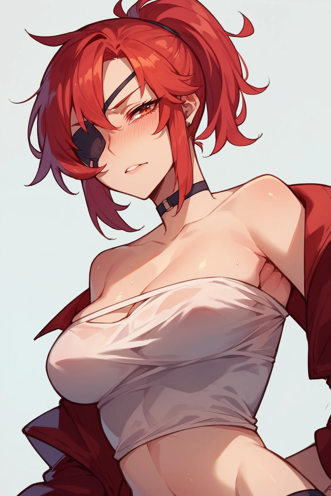 masterpiece, highres, highest quallity, 1 woman , (busty:1.3), (curvy:1.2), mature woman, adult woman, adult body, solo_focus, solo , red hair, blue sky eyes, glowing_eyes,glowing,dark_aura,(trembling), motion lines, motion blur, medium hair, (smug face:1.1), parted bangs, ((forehead visible)), pale skin, straight hair,hair pointing downwards, straight hair, detailed beautiful eyes, looking at the viewer, spikes bracelet, navel ,spike choker necklace, parted lips, happy smile, (hair parted in middle:1.3), bangs, (white background:1.5) ,white background, sexy pose,visible legs, micro_bikini,<lora:micro_bikini:0.8>