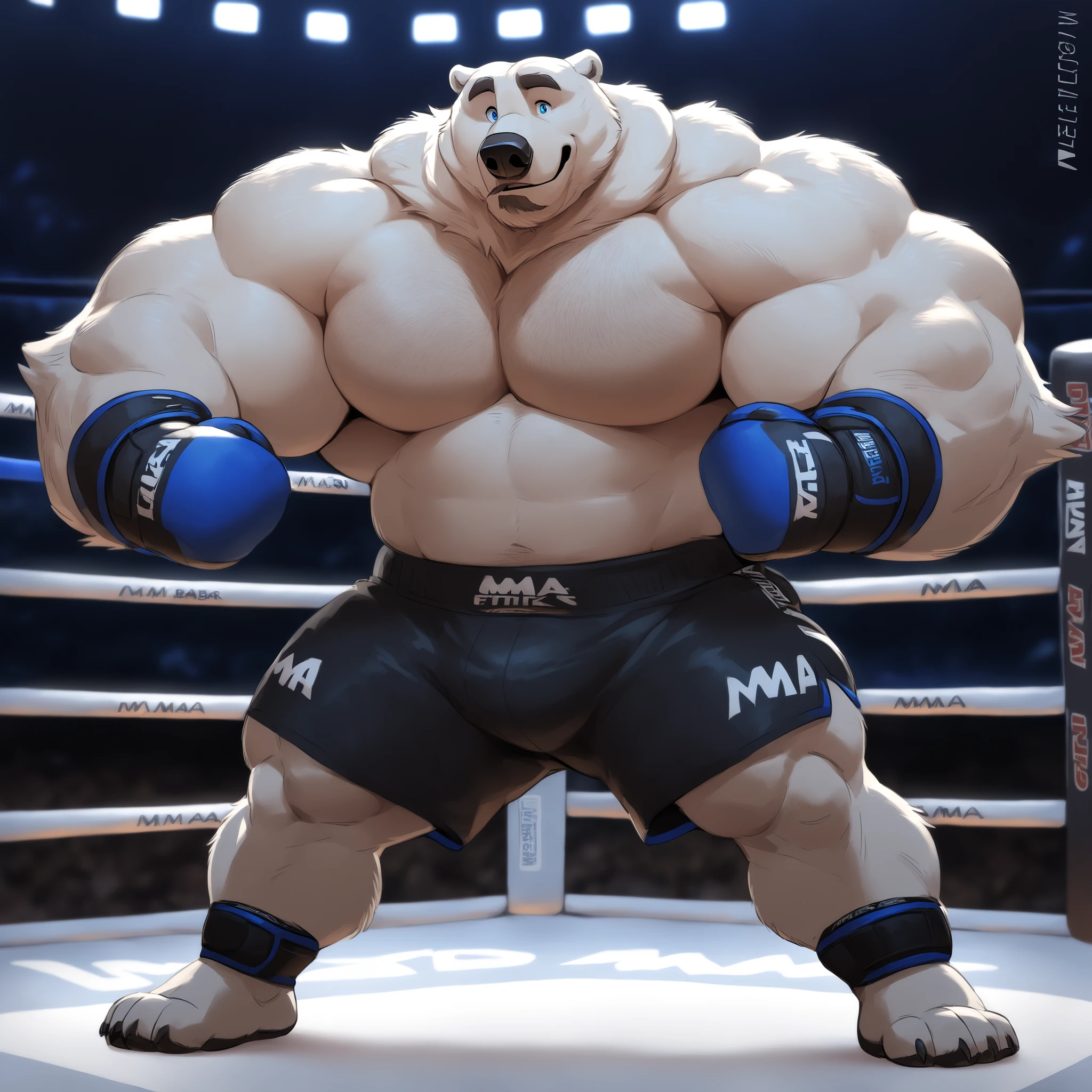 bara polar bear, strong physique, perfect anatomy, masterpiece, gray moustache and beard, wrinkles huge white fur, solo, added eyes with blue pupils, great lighting, black MMA shorts with blue line slits, MMA gloves with blue knuckle pads, ankle support brace , MMA fighting tournament, flexing front arched, topless, hyper muscular, height: 220cm (7’8), weight: 160kg (350lbs), thick arms, huge pectoral, Disney, 8k, masterpiece