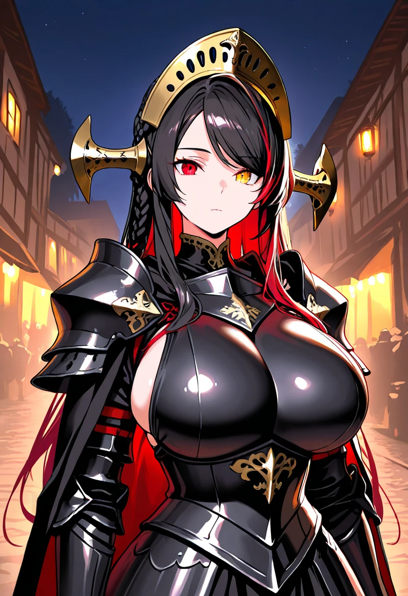 Female, (black knight woman:1.2), (black hair), (double tail in hair:1.1), (black hairpin headdress:1.1), (crimson eyes:1.1), medium body shape, (battle skirt:1.1), (black outfit:1.2), (silver details), (armor plates for arms and legs:1.1), (color arm parts black), (weapon black spear:1.1), (held a spear:1.2), (hyper realistic), (highest detailed), (masterpiece), (best quality), (high resolution), (sharp focused), (wallpaper), (intricate detail), (highest quality), (detailed face and eyes:1.2), (perfect anatomy), (round breasts), (bubble butt), (wide hips:1.1), (slim waist:1.1), (thick thighs:1.1), (detailed background), (perfect nails:1.1), (detailed hand and finger:1.2), (medium breasts:1.2), (busty), (deep cleavage:1.2), (labia outline:1.3), (hard teat:1.3).