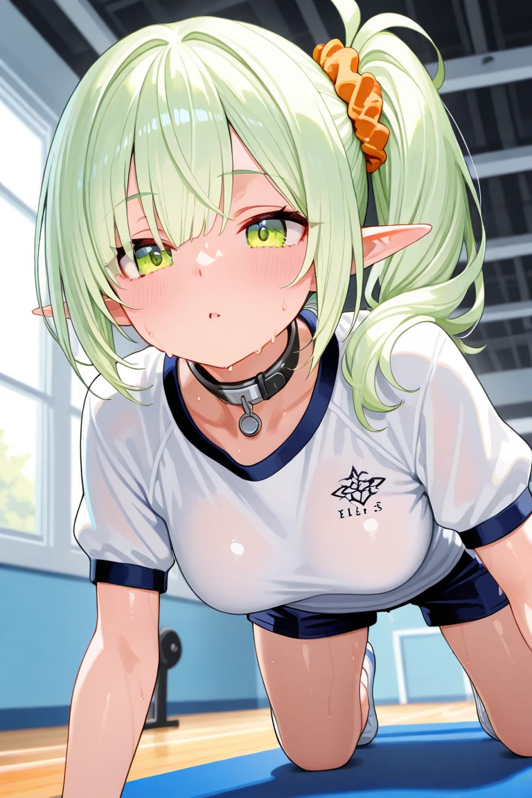 Pointed Ears, Green Hair, Green Eyes, short hair, short hair with long locks, , Live Stage, Browsing Caution. Large Breasts. naked. crying ,solo, nipple