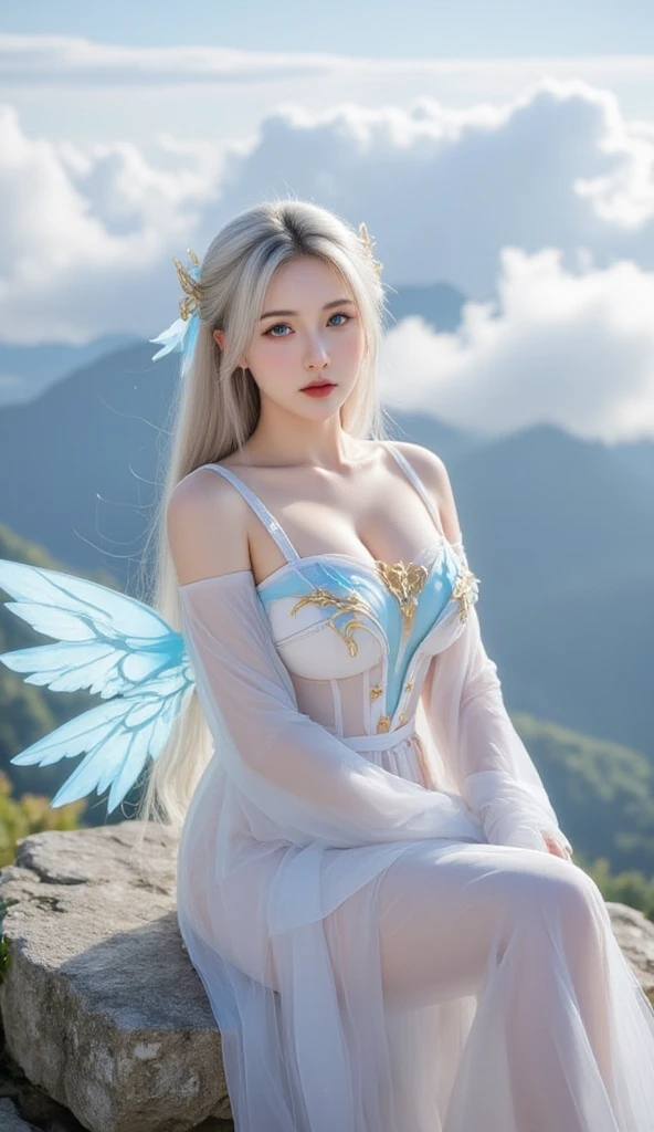 Upper body close-up、being thin、Photo of gorgeous 20-year-old Icelandic fairy wearing (White flowing dress:1.2) And (Delicate fairy wings:1.2), Grinning, (looking in camera:1.1), (Sateen:1.1), On the beautiful seaside:,, masutepiece, Barefoot, (Natural lighting:0.8), 8K, ((Realistic)), F/1.1, , the woods、covering the navel、hiding breast、Hide legs、(Curvaceous)femele(flawless skin:1.11)And(teats:1.1)、A smile、full body Esbian、Beautiful standing figure、Sea Fairy、Beautiful summer sky、Beautiful white shells、