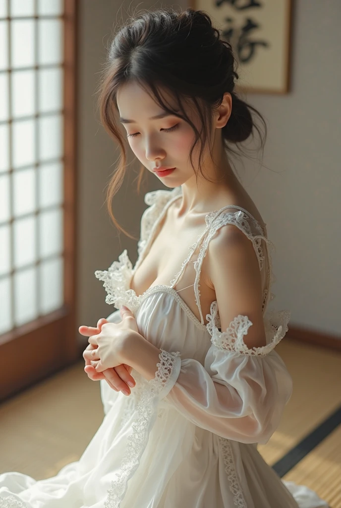 (A 16-year-old Japanese girl with a very slim figure, firm and moderately large breasts, a thin waist, and a very cute, baby face.:1.5),((Full body portrait:1.5)),very narrow waist,All pure white sheer miniskirt lingerie, lace gloves, high heels and garter stockings,Frightened look,Standing empty-handed and looking away,girl is looking somewhere,Secretly taken from the side at a distance