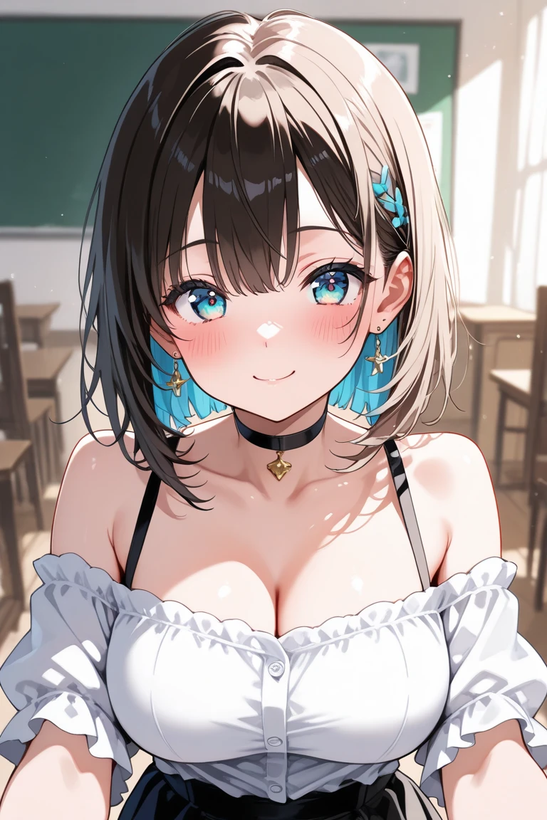 (best quality), (Super detailed), (Best Illustration), (masterpiece), score_9, score_8_up, score_7_up, (4k), (nsfw), (1woman), (full nude), (large breasts), {brown hair, (sideburns), (bob cut:1.3), curly hair, hairs between eyes, colored inner hair}, {(detailed eyes), heart-shaped pupils, blue eyes}, parted lips, embarrassed, nose blush, earring, sweat,