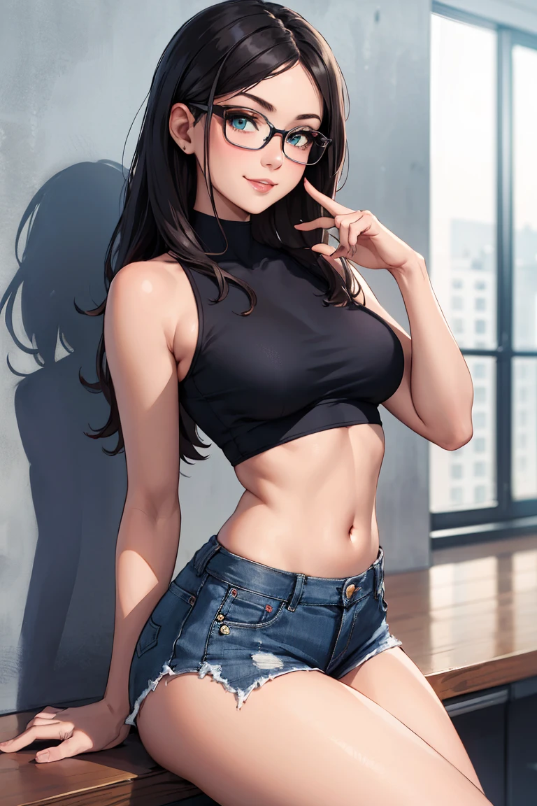 1 girl,black skin,girl,brazilian,long black hair,black eyes,round glasses,medium boobs,medium hips,photo,standing,ripped shorts,black cropped