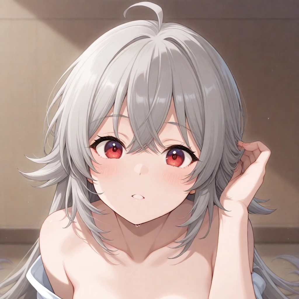 (((masterpiece))),fuyumi itadori, Anime girl characters, 1girl, solo, looking at viewer, medium hair, white hair,blue eyes, cleavage, closed mouth, collarbone,Naked, tall girl, horny, big ass, beautiful face,Charming, anime visual of a cute girl, screenshot from the anime film, & her expression is solemn, ahegao face, in the anime film, in an anime, anime visual of a young woman, she has a cute expressive face, still from anime, perfect breasts, she is tall, All bodies visible, ahegao face, the face is ahegao, she is horny, A perverted face, she so perverted, she smile so perverted, hd picture, 4k quality, details of the face is so good, bigger brests,