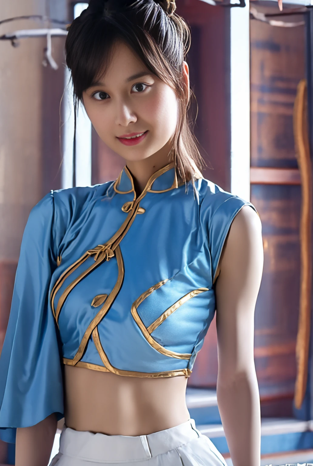 (1 Chinese girl)), (Chun Li) (Tweened model), 15 years old, ((Young)), EtherealBeauty, Slim,Firm chest, Soft light, ((David Hamilton style)), closeup picture, Masterpiece, Best quality, photo-realistic, Ultrarealistic, 8K, high resolution, Detailed skin, 8K UHD, Digital SLR, Soft lighting, High quality, filmgrain, Fujifilm XT3, Shaolin temple in background 