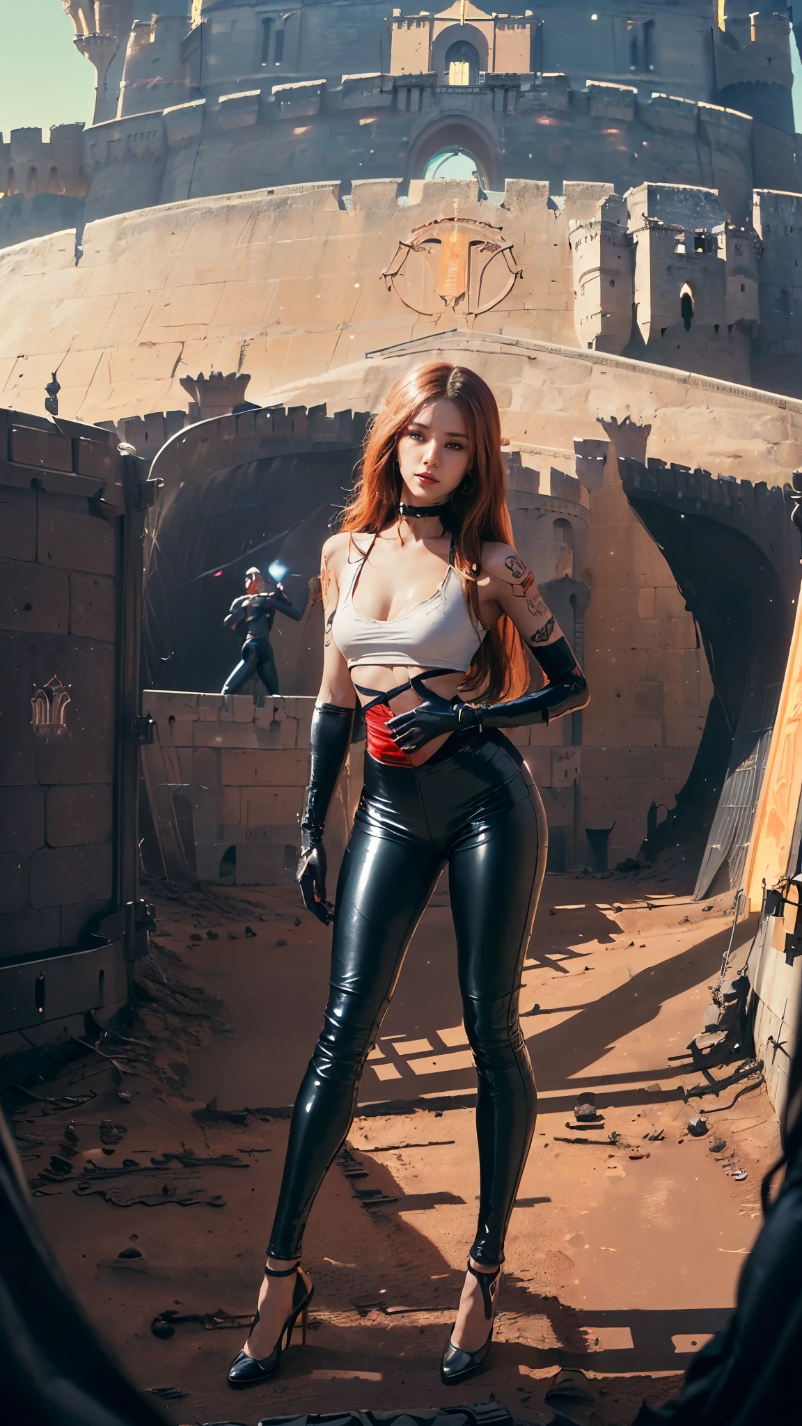 Woman wearing a black necklace with full sleeve covering her whole body, red gloves, she has her hair tied back with five long locks, she is in the desert, full body