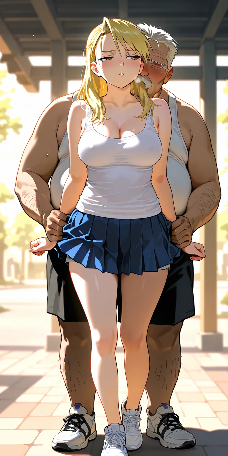 (((1 girl, cute, straddled on large black male viewer, (gigantic breasts:1.2), sleeveless denim jacket (open), massive wet cleavage (showing massive areolas and large swollen engorged dripping nipples (visibly squirting cum out from nipples)), no bra, jean skirt, no panties, black elbow Gloves, 3 small gold necklaces, strawberry blonde long hair, braided hair, box braids, blue eyes))), (((strawberry blonde hair))), dynamic poses, realistic style, depicting a group of female characters in various action scenes, from intensely sexual to lighthearted moments, with dramatic speed lines and bold sound effects, capturing the excitement and energy of the story, surrounded by a large group of only busty women cheering, and having POV sex outside in a rainstorm, straddled upright on to of viewer, in POV cowgirl position, riding on viewer's oversized ebony skin penis, inserted deep inside her hairy wet vagina, back fully arched, chest jutting forward, arms behind her back, legs open, smiling at viewer (eye contact), having a (hard, loud, wide open mouth, happily screaming, wet orgasm), Japan,