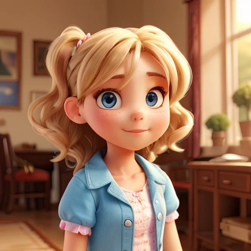 (best quality, 4k, 8k, highres, masterpiece:1.2), ultra-detailed, (realistic, photorealistic, photo-realistic:1.37), 5 year old girl, dark blonde curly hair ,realistic(blue eyes),beautiful detailed eyes,longeyelashes,stunning eyes,faintly glowing irises,deep azure eyes,mesmerizing blue eyes, classroom background