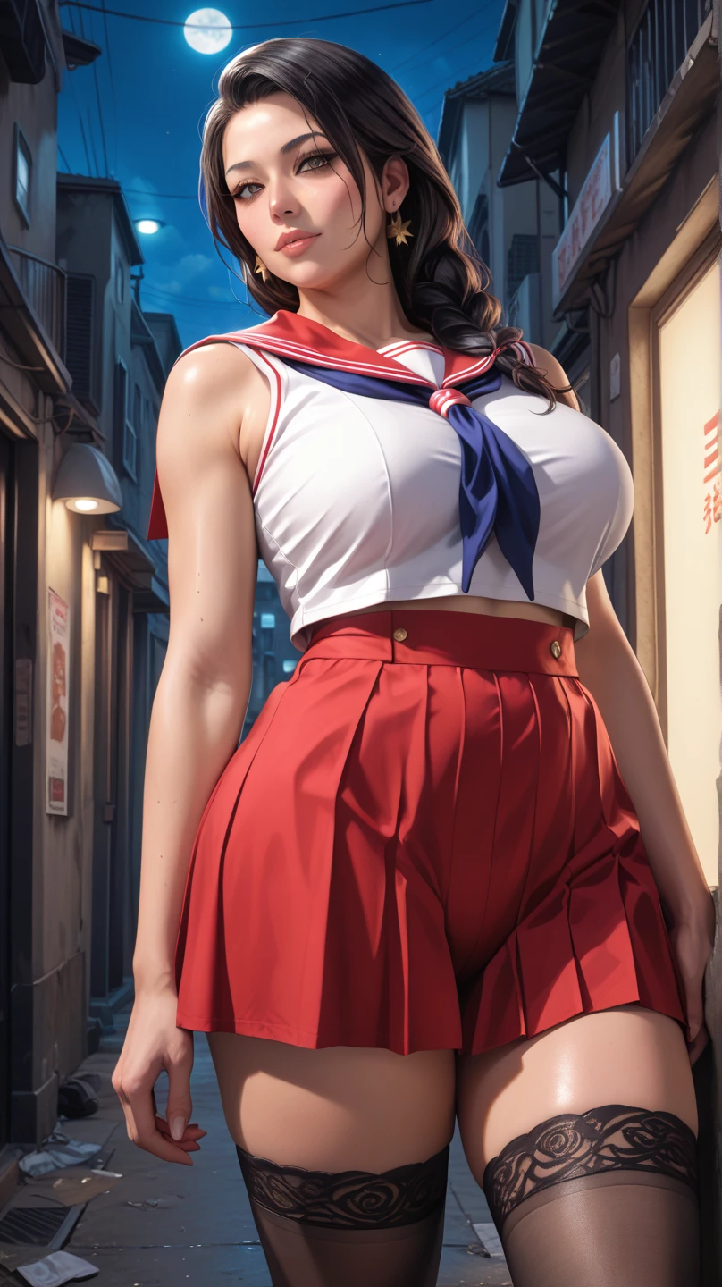 (a woman standing and showing off her panties and pubic-hair), angle from below, drooping eyes, realistic skin, various-pattern-shirt and skirt and panties and hoodie, swollen areolas, sports cap, sneakers, smile, earrings, headphone, sunset sky, river-side, skyscrapers,