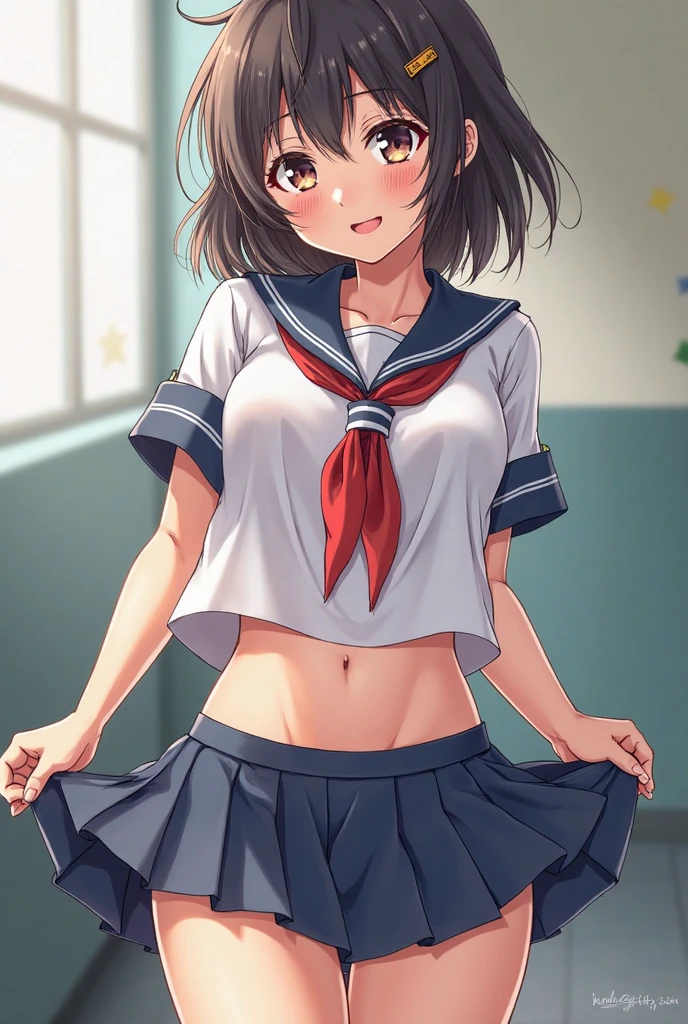 nsfw,alone, (One girl), Elementary school girl,8-year-old, ((White panties)), (wearing only the top half of sailor school uniform), Sailor with un-folded hems,  sexy, (Cowboy Shot),  ((Put your arms behind your head)), classroom, With a girl：Her hair is long and black, Her face is round and cute, Black Hair, Low twin tails, (Are standing),Shy, Embarrassing,(pussy cameltoe:1.0),