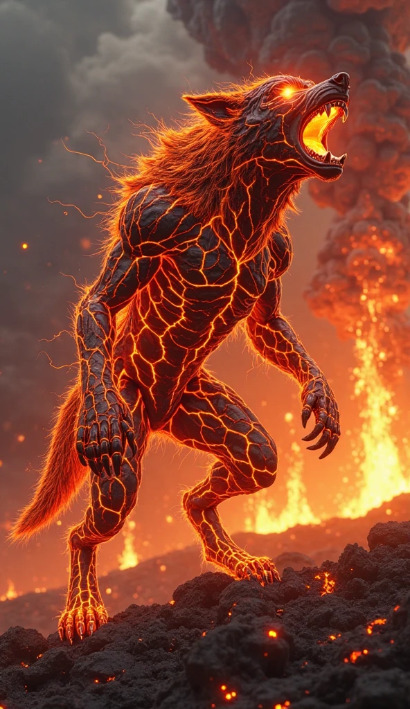 Furtarão is a fire spirit that lives in volcanoes and burned forests.. He is depicted as a flaming entity with a body that glows in shades of orange and red., with flames dancing around his body. His eyes are like burning embers, and he has a warm and intense presence.
