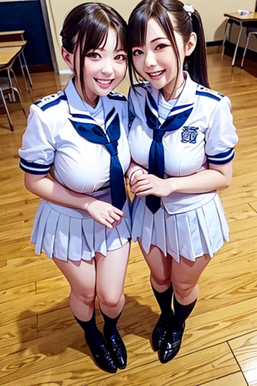8K quality, Masterpiece, Bright lighting without shadows, (Two busty women standing side by side), (Super big breasts compressed by clothes:1.3), Whitening skin, Sparkling Blue Eyes, Small waist, Sailor collar uniform, Pleated skirt, Above the knee, Skirtliftv1, Protruding and accentuated booty, A frontal shot that emphasizes her huge breasts, (White panties), grabbing own ass