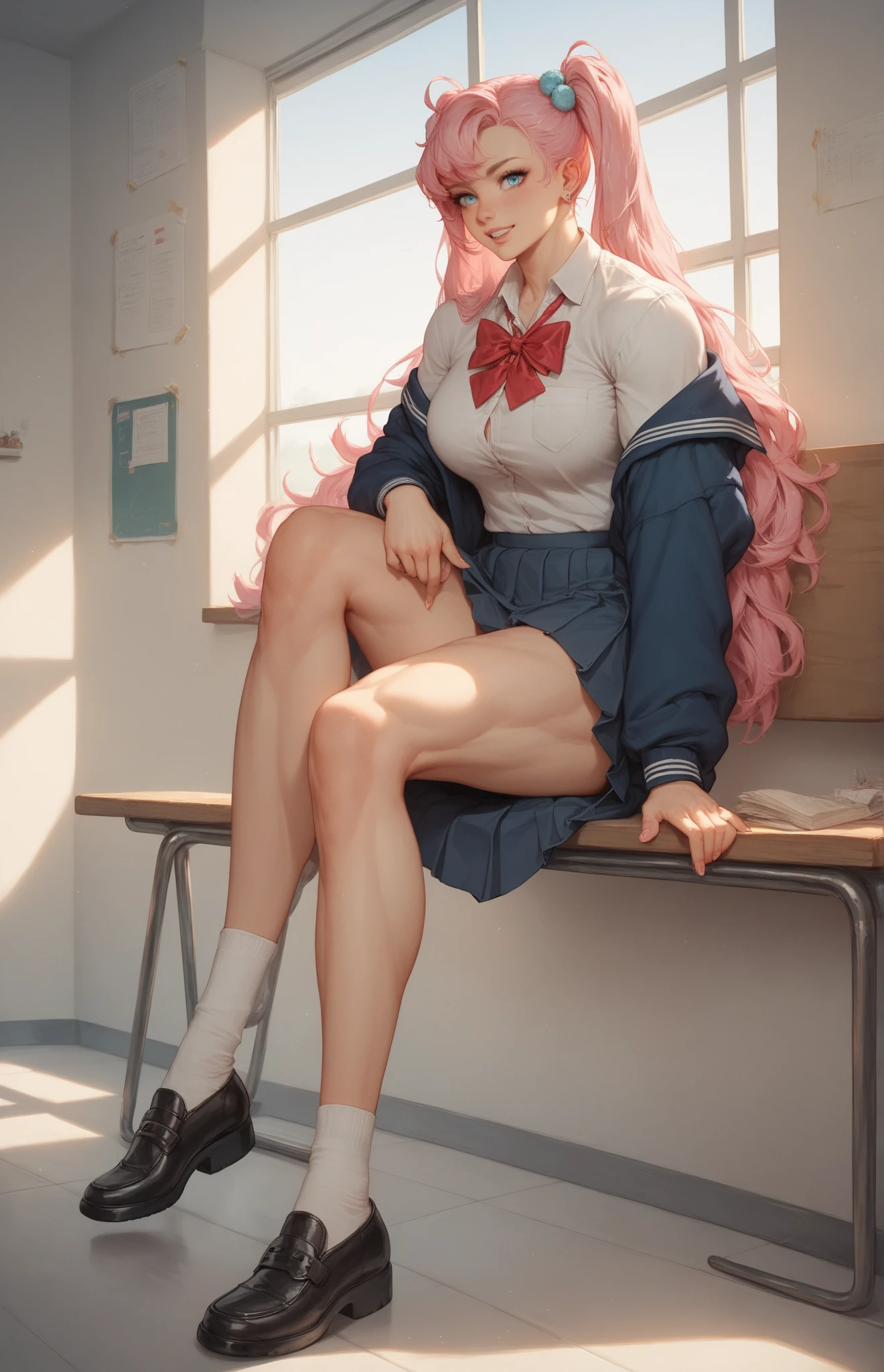 realistic image, coherent image, detailed image, 1 beautiful elf, She has reddish pink hair, loose hair with butterfly shaped accessories, blue eyes, her face is oval and delicate, Blushing, smiling, She is wearing a long sleeve shirt, pleated mini skirt, sneakers moccasins, She has a curvy body, large breasts, thick thighs, sexy pose, surrounded by books, black background