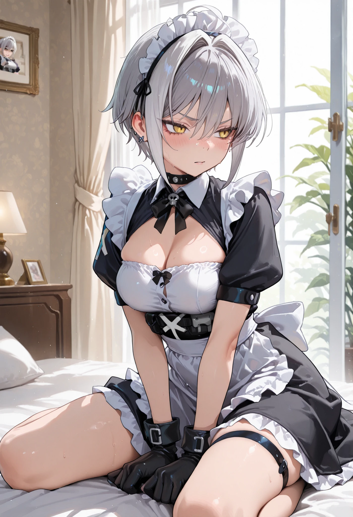 1girl,solo,Mori,gloves,yellow eyes,short hair,gray hair,medium breasts,maid,maid headdress,maid apron,hand between legs,clear face,masterpiece,best quality,amazing quality,