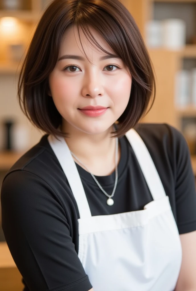 Japanese women、50 years old、Brown Hair、Hairstyle to the shoulders、Apron appearance、Bcup、Embarrassed look