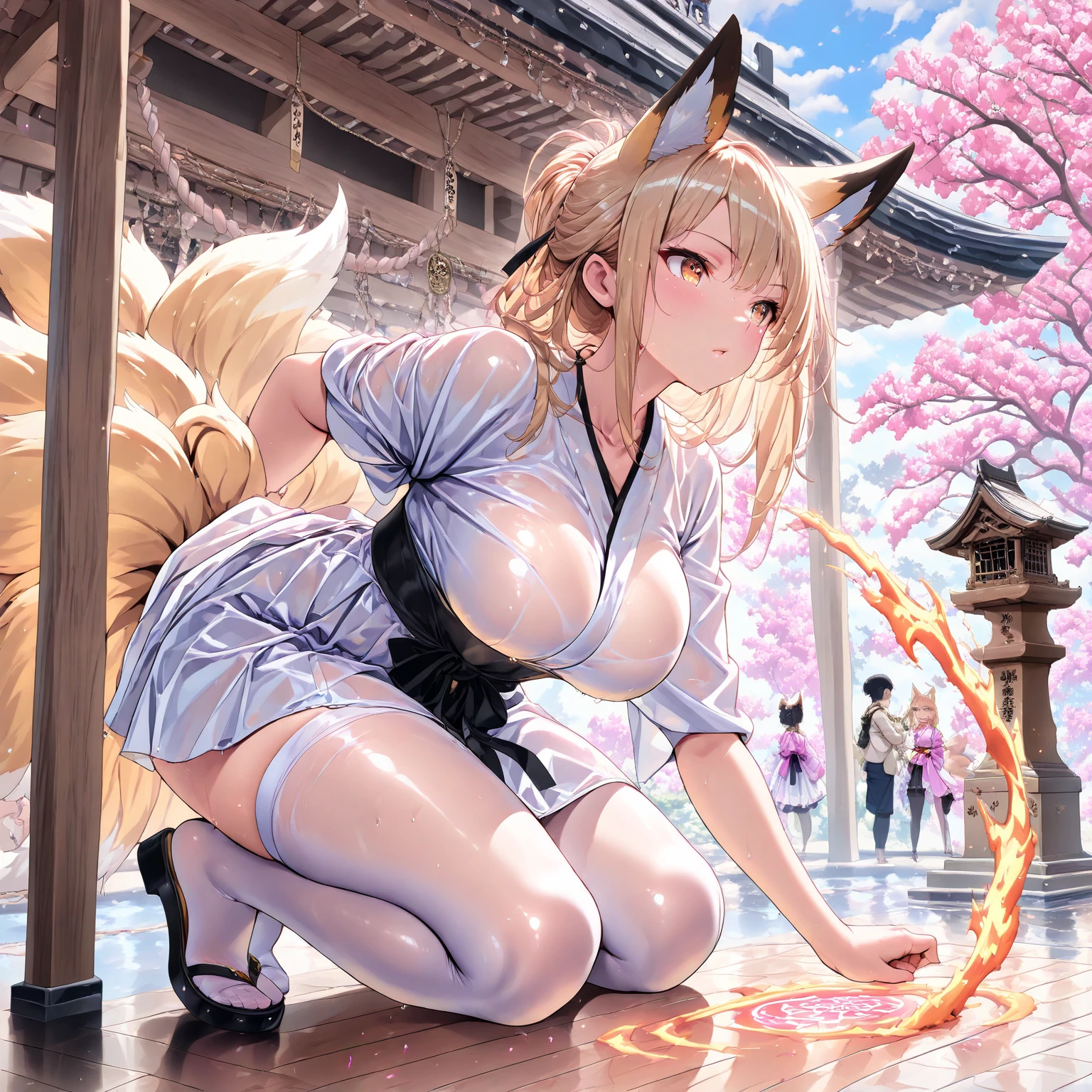 Fox Girl Blonde Short Hair Miko costume Crying and pretending to be a dog Two arms Five fingers Put your hands together Four legs View from behind