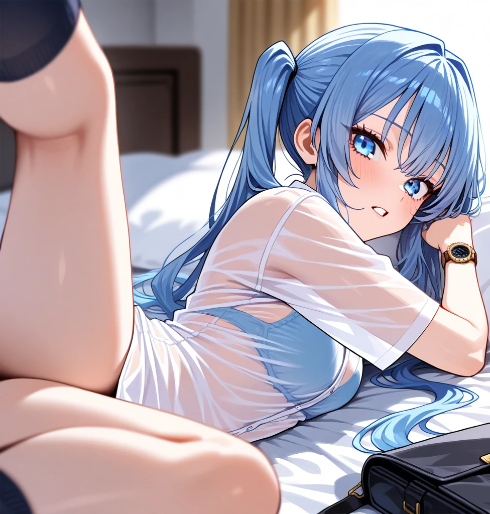 ((sexual)), (exposure), japanese anime, on bed, beautiful face, beautiful legs, lying on bed, 1 female, white underwear, detailed, 8k, ((opening both legs)), blue hair, sparkling blue light, Sparkling, (very dark room), M-shaped legs, With legs apart, night, at night, front、Facing front、gently smiling, whole bodyが見える, 4K quality, goddess, Cute Moe Anime, Healing, clear, A kind smile, Anime style Japanese hairstyle, Beauty, Clear Eyes, whole body, Cute face, Perfect Anatomy, Smooth, beautiful hair, both legs opened, Lying in bed、Thin legs、thighs, western-style lighting, With legs apart、underwear, Tower apartment room, modern architecture, ponytail hairstyle, beautiful eyes, Night view, Beautiful night view, whole body、full body, huge window, modern architecture, luxurious hotel room, vip room, dark colored room, windows all around, moonlight, hotel room colored black and white, 2020s architecture, japanese high , white shirt,
