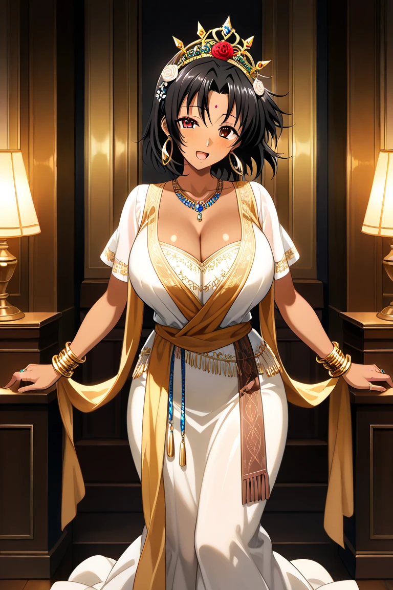 Simple white background,glitter,
barefoot,white dress,cleavage,collarbone, Navel,bare shoulders, Gold leaf on head,
bracelet, earrings, jewelry, gem,Pearl, Green eyes gold necklace, Black hair,explosions,short hair hair,
1girll, 20yo,young woman,Beautiful Finger,Beautiful long legs,Beautiful body,
Beautiful Nose,Beautiful character design, perfect eyes, perfect face,expressive eyes,perfect balance,
looking at the scenes,(Focus on her face.),closed mouth, (innocent_Large_eyes:1.0),(light_smile:0.3),
formal art,Highly detailed CG module 8K rear, perfect illumination,Colored, bright_front_face_lighting,white-skinned,
(Masterpiece:1.0),(Best_quality:1.0), very high resolution,4K,A highly detailed,
photography, 8K, hdr, highres, absurdres:1.2, Kodak portra 400, grain du film, blurry background, bokeh:1.2, lens flare, (vibrant_Farbe:1.2),professional photo,
(A beautiful,Large_breasts:1.4), (A beautiful_face:1.5),(narrow_waist), setting huge breasts smile closed mouth lipstick green lips bed earrings