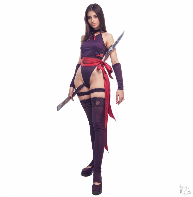 Mulher corpo musculoso, baseado na personagem psylocke, traje azul escuro, faixa vermelha na cintura, fitas enroladas na perna, roupa de couro, cabelo longo roxo, bunda grande.