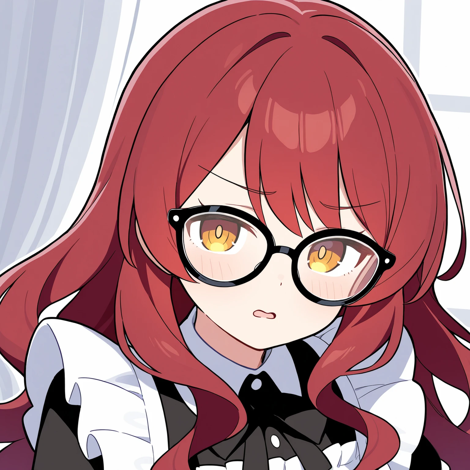 Beautiful Girl maid red hair long hair wavy hair with a graceful expression glasses