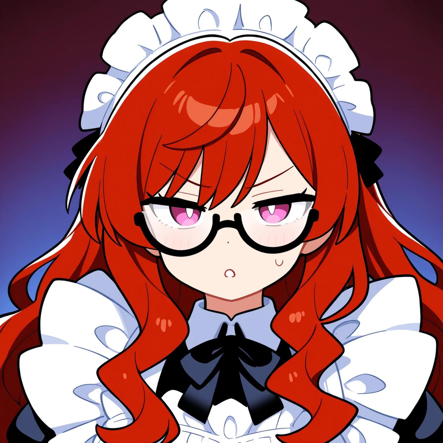 Beautiful Girl maid red hair long hair wavy hair with a graceful expression glasses