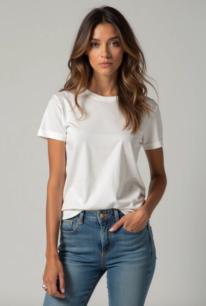 beautiful latin woman, curly hair, standing straight facing forward,with white t-shirt, ripped denim jeans pants, on a greyish background, cotton t-shirt texture, fitted t-shirt, round neck, striped tights. Medium camera shot.