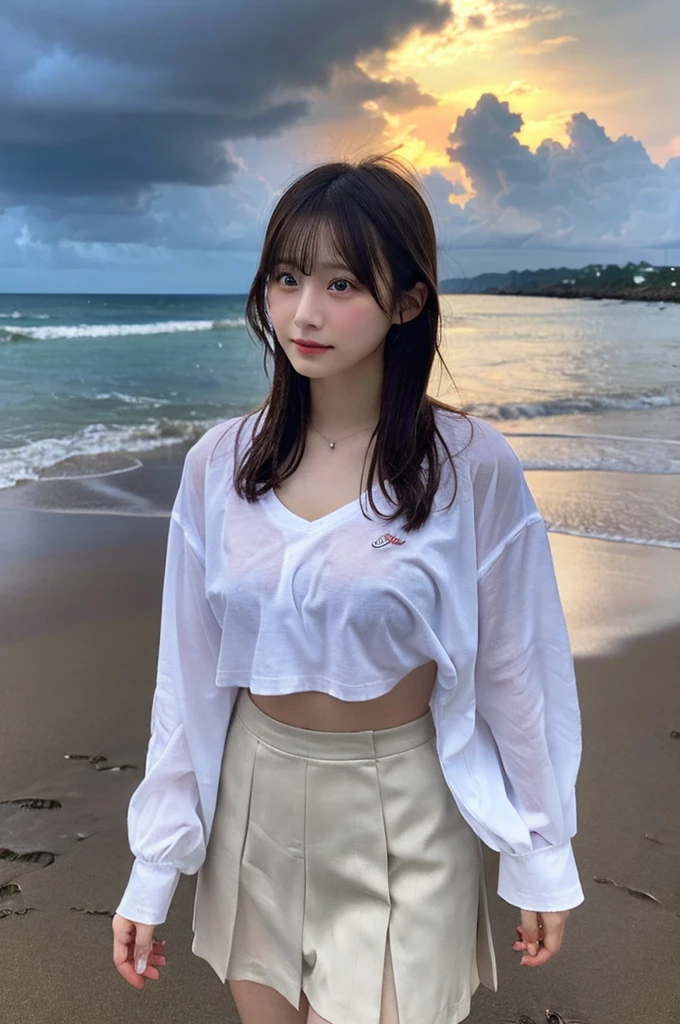 1 japanese woman, short hair, wearing white shirt, short denim, at beach, sunset, A forlorn expression