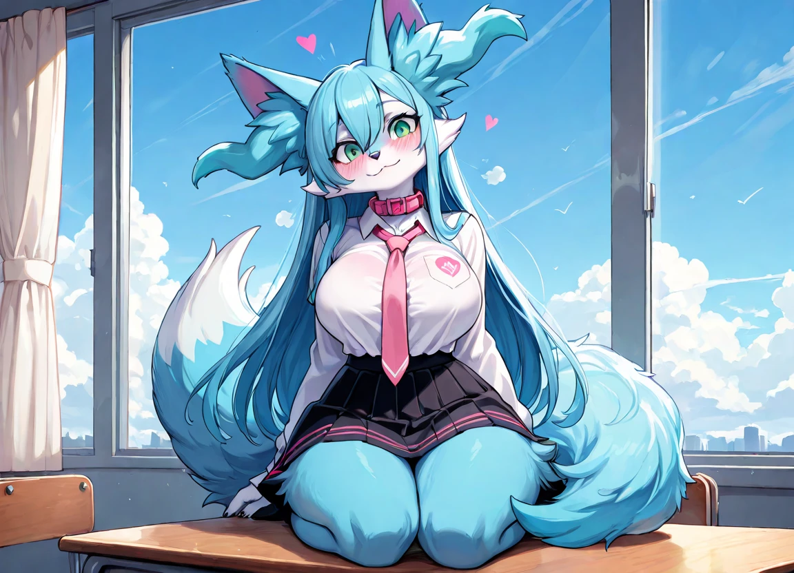 Hatsune miku aqua fur, fox face elongated snoutMasterpiece High quality High resolution、Anna Tanaka , broad, Sit with your knees bent、Eight-headed body、beauty legs 、At a school、As if looking up from below、embarrassed add_detail:1 naked