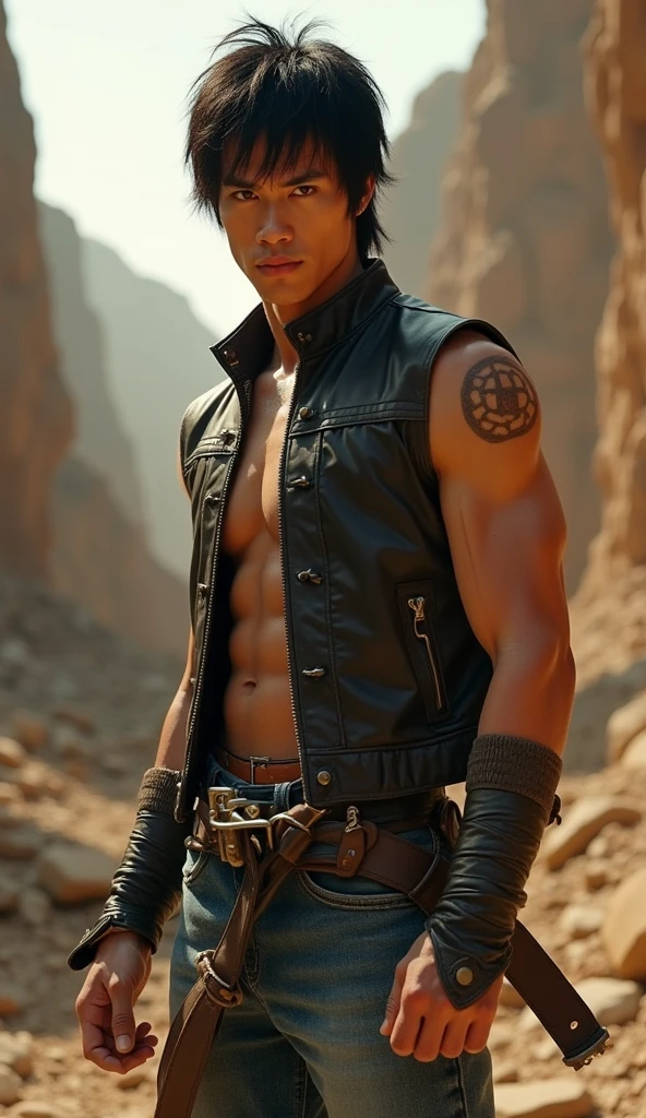 A sexy white teenage boy, with a lean, muscular physique, standing triumphantly in the aftermath of a fierce battle. His chest heaves with exhaustion, the sweat glistening on his tanned, hairless skin, highlighting every defined muscle and curve. His black hair, styled in a messy yet alluring fashion, clings to his forehead and neck as if it too had been part of the intense fight. He is topless, revealing a set of abs that could cut glass and the intricate tattoos snaking down his arms, telling the silent story of his battles. Around his waist, a skimpy black g-string rides low, threatening to slip away with every movement, showcasing his firm hips and the V-shaped of his torso. His eyes, a piercing blue, are slightly glazed with fatigue, yet the gleam of victory shines through. The background is a blur of smoky chaos, with the remnants of shattered weapons and armor scattered around him. The lighting casts dramatic shadows across his body, emphasizing the stark contrast between the starkness of his surroundings and the vividness of his bare flesh. Despite the weariness etched on his face, his full, pink lips are parted in a smug smile, revealing a hint of white teeth. The scene is a tantalizing mix of power, vulnerability, and eroticism, leaving the viewer craving more of the narrative behind the battle and the seductive warrior who has emerged victorious.