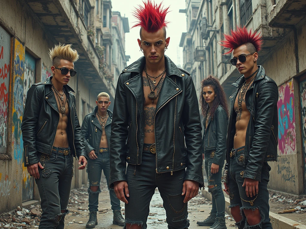Group of punks in studded jackets and mohawks on the streets of São Paulo

