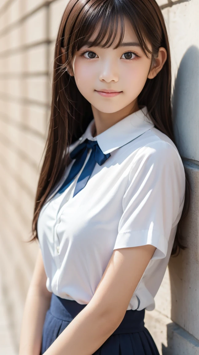 neat college girl、petite person、Outside the field、(Slimed、small tit、flat boobs、small tit)、Photorealsitic、detaileds, Skin Texture, ultra-detailliert、Delicate and sexy collarbone、A smile、Super Detailed Face、Detailed lips、A detailed eye、二重まぶた、White panties are visible from the skirt、((is standing、Schoolgirl Uniform、White panties are visible from the skirt、Sheer white shirt、Navy blue ribbon at the collar、Dark blue pleated micro mini、slightly lift the hem of the skirt with both hands,,,))、Pointing your butt at the camera、The face is looking back at the camera