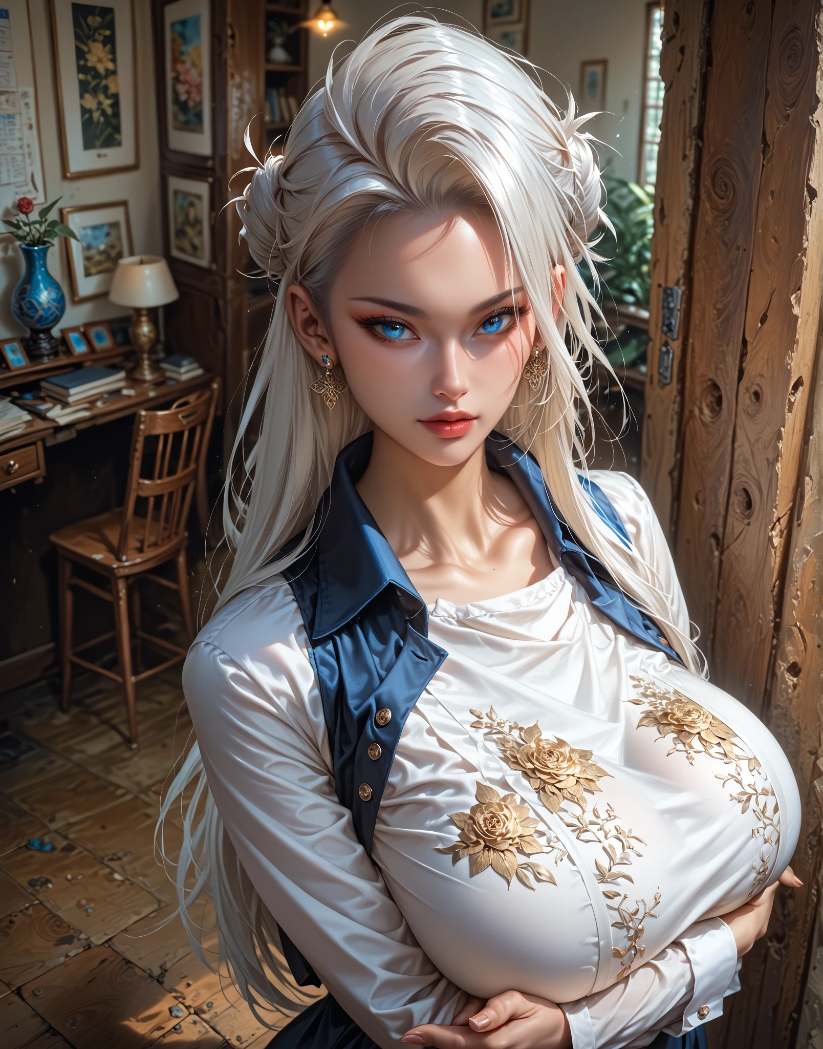 (ultra realistic,32k, masterpiece:1.2),(high detailed skin:1.1),( 8k uhd, dslr, high quality:1.1),
<lora:scherazard-nvwls-v2:0.7>scherazard,silver hair,long hair, hair tied back, braid down, hairband, hoop earrings, forehead jewel, necklace, crop top, cleavage, sarong, bridal gauntlets,, <lora:add_detail:0.95>, (huge breast:0.9),
(looking at viewer, portrait:1.1),,
,(radiant:1.1),A very trendy and frequented place with footprints everywhere and wear on the floor