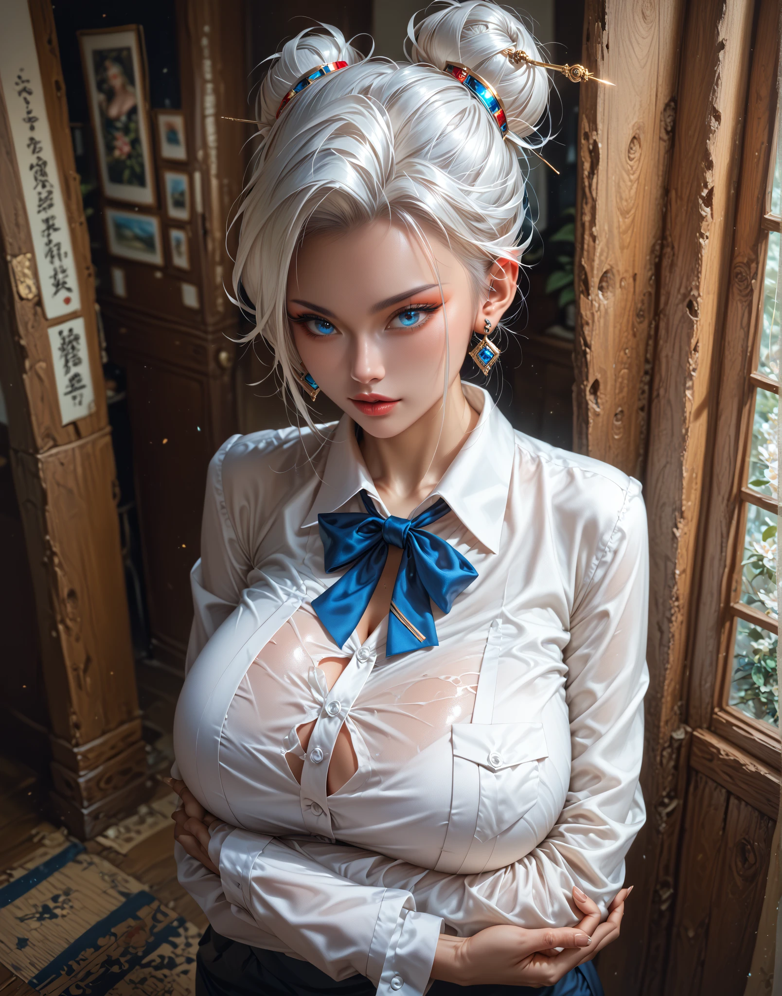 Realistic Elsa,Paired with a sexy student skirt, it’s a school classroom, 8K resolution, (best quality: 1.1), (anatomically correct: 1.1), (perfect hands: 1.1 ), ( (facial details: 1.3)), (Skin details), (perfect eyes), (perfect nose), (perfect hands fingers)