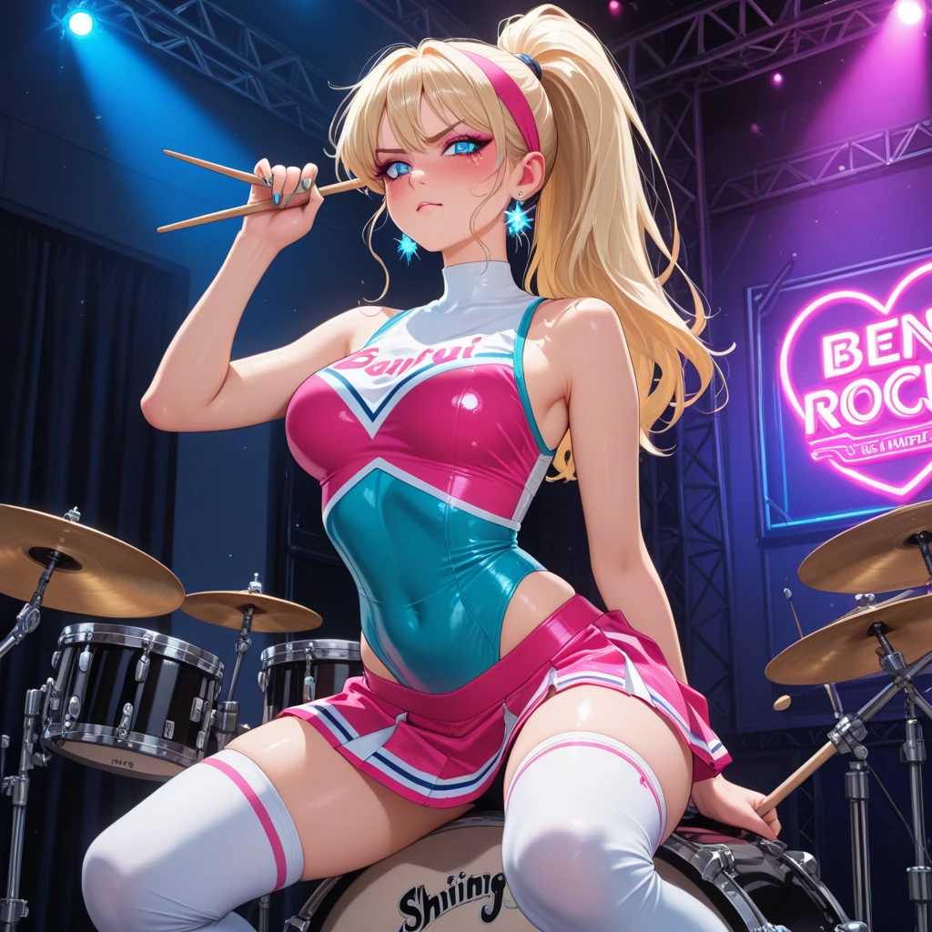 ((1woman, (solo, 1girl, alone), kohaku, blonde hair, blue eyes, tied hair)), smug, ((solo, (1woman, pink lipstick), Extremely detailed, ambient soft lighting, 4k, perfect eyes, a perfect face, perfect lighting, a 1girl)), austere, ((black blouse, lace blouse, black panties, (purple high heels, peep toe heels), profile, riding on a horse with earrings, horse with earrings, sitting on a horse, studios, backstage, dressing room, bracelets, earrings, ac-dc shirt))