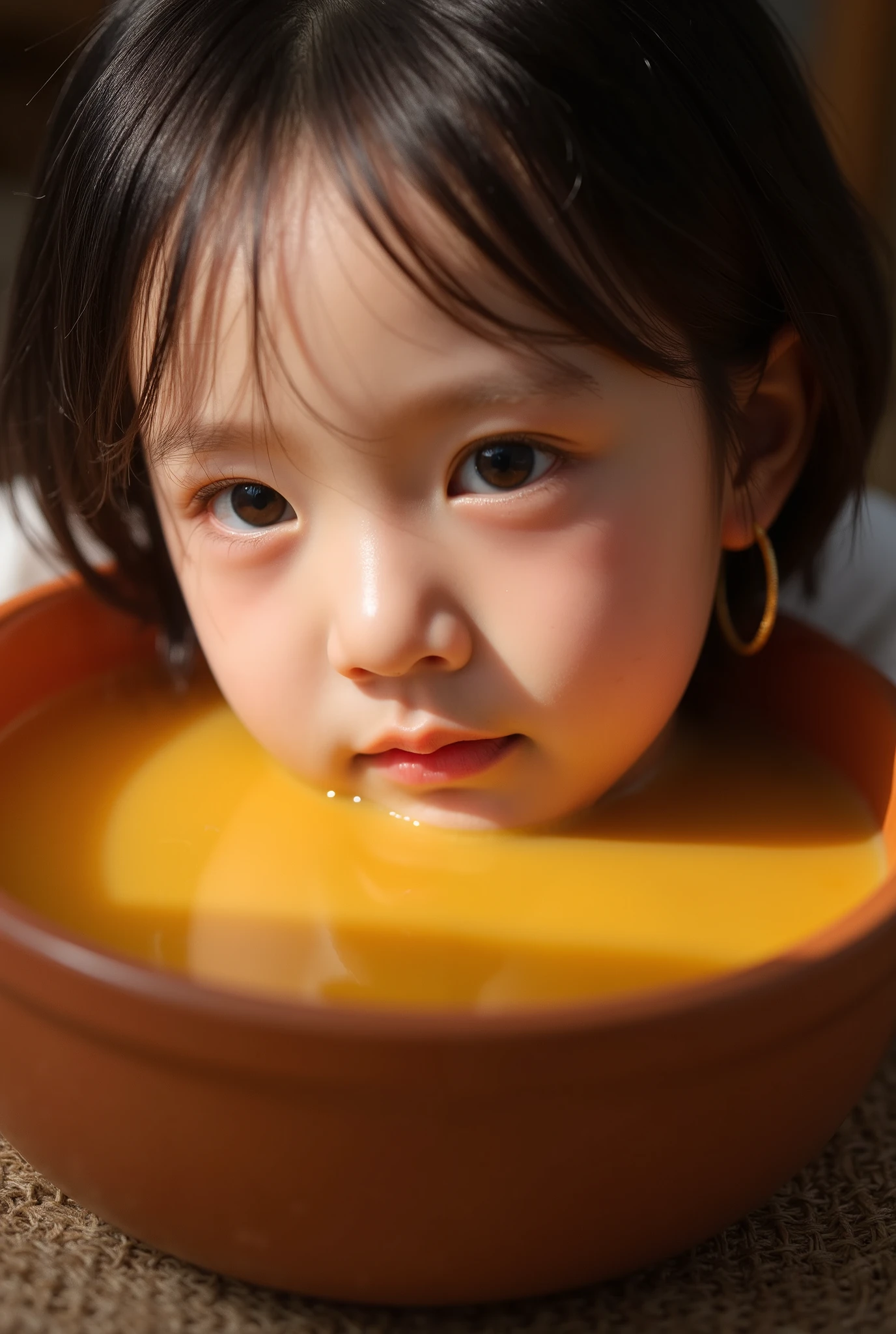 (Realistic),masterpiece,best quality,cinematic lighting,natural shadow,highest detail,professional photography,detailed background,depth of field,insane details,intricate,aesthetic,detailed face,subsurface scattering,looking at viewer,Realistic photo of a beautiful Korean little mother relaxing in a bowl of curry.