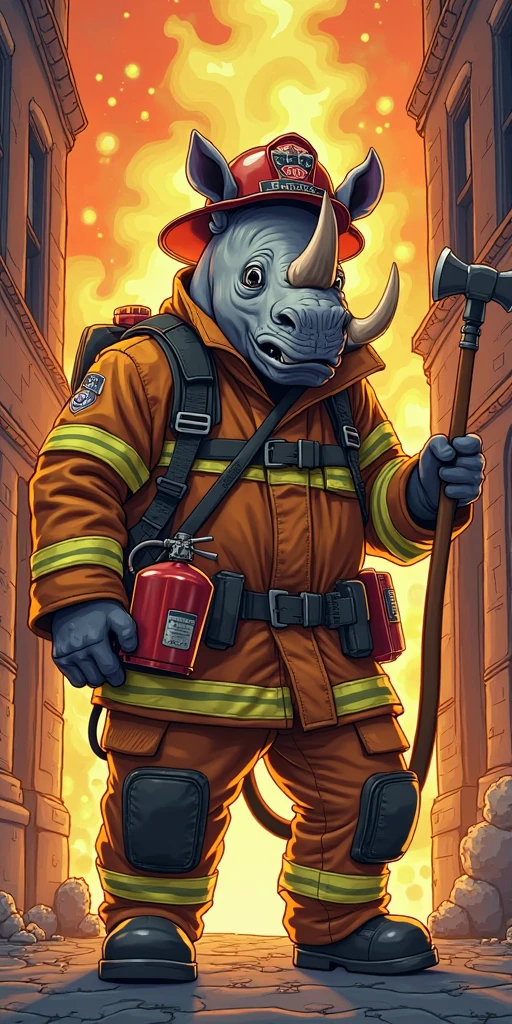 Furry slender Anthropomorphic albino moose blue eyes hyper bulge split hoof firefighter water hose burning building