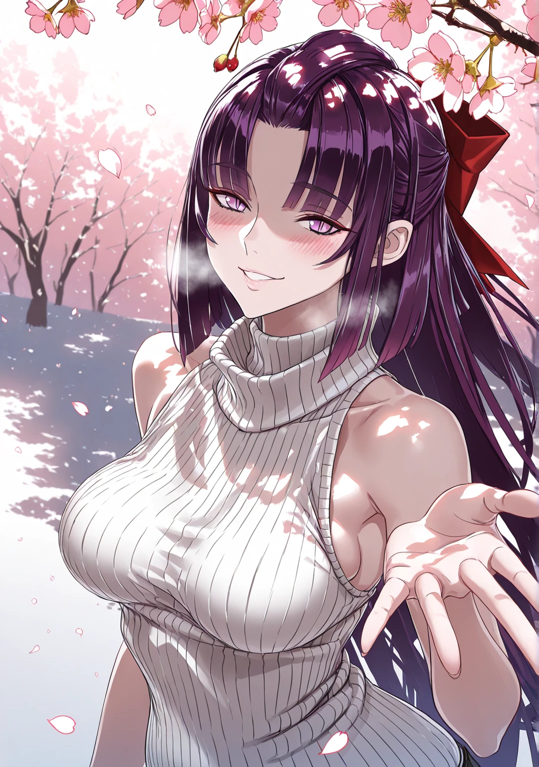 (honjou_raita-style:1.2), (alecto_0-style:0.8), ((anatomical correct)), ((embers)), ((Cinematic, unreal engine, eye-catching, ambient occlusion, UHD, masterpiece)), ((perfect lighting, dappled sunlight)), perfect body, perfect eyes, perfect fingers, gasping, heavy breathing, gasping profusely, ((skindentation)), ((curvy)), SHIKOKU_(MATO_SEIHEI_NO_SLAVE), purple hair, purple eyes, slit pupils, long hair, hair bow, red bow, parted bangs, ribbon trim, half updo hair, bangs_pinned_back, straight hair, ((medium breasts)), plump, 1girl, breasts, solo, looking_at_viewer, turtleneck, sweater, sleeveless, smile, ribbed_sweater, bare_shoulders, cherry_blossoms, sleeveless_turtleneck, blush, turtleneck_sweater, upper_body, hair_intakes, closed_mouth, alternate_costume, white_sweater, flower, sleeveless_sweater, parted lips falling petals, shaded face